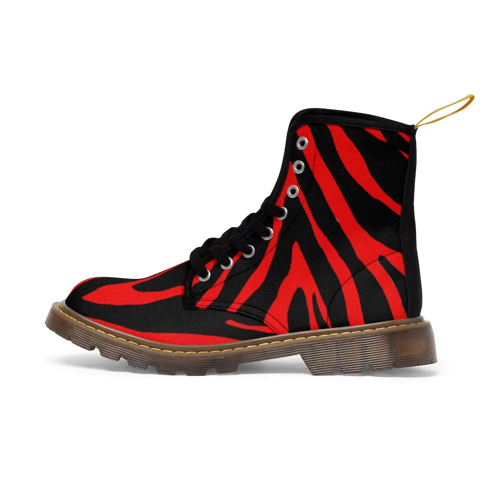 Red Zebra Women's Canvas Boots, Best Zebra Striped Animal Print Winter Boots For Ladies