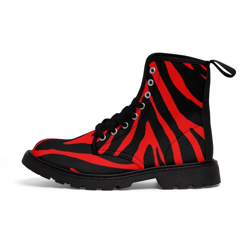 Red Zebra Women's Canvas Boots, Best Zebra Striped Animal Print Winter Boots For Ladies