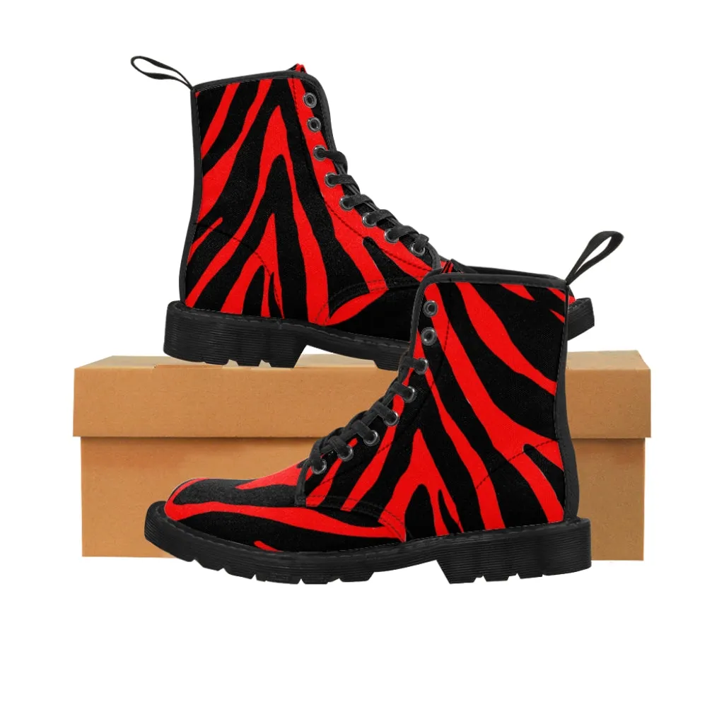 Red Zebra Women's Canvas Boots, Best Zebra Striped Animal Print Winter Boots For Ladies