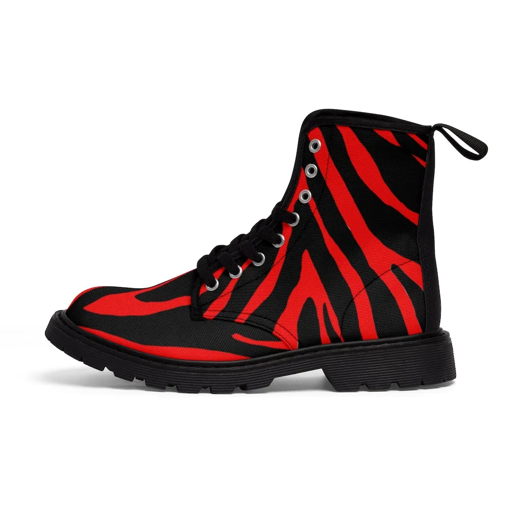 Red Zebra Women's Canvas Boots, Best Zebra Striped Animal Print Winter Boots For Ladies