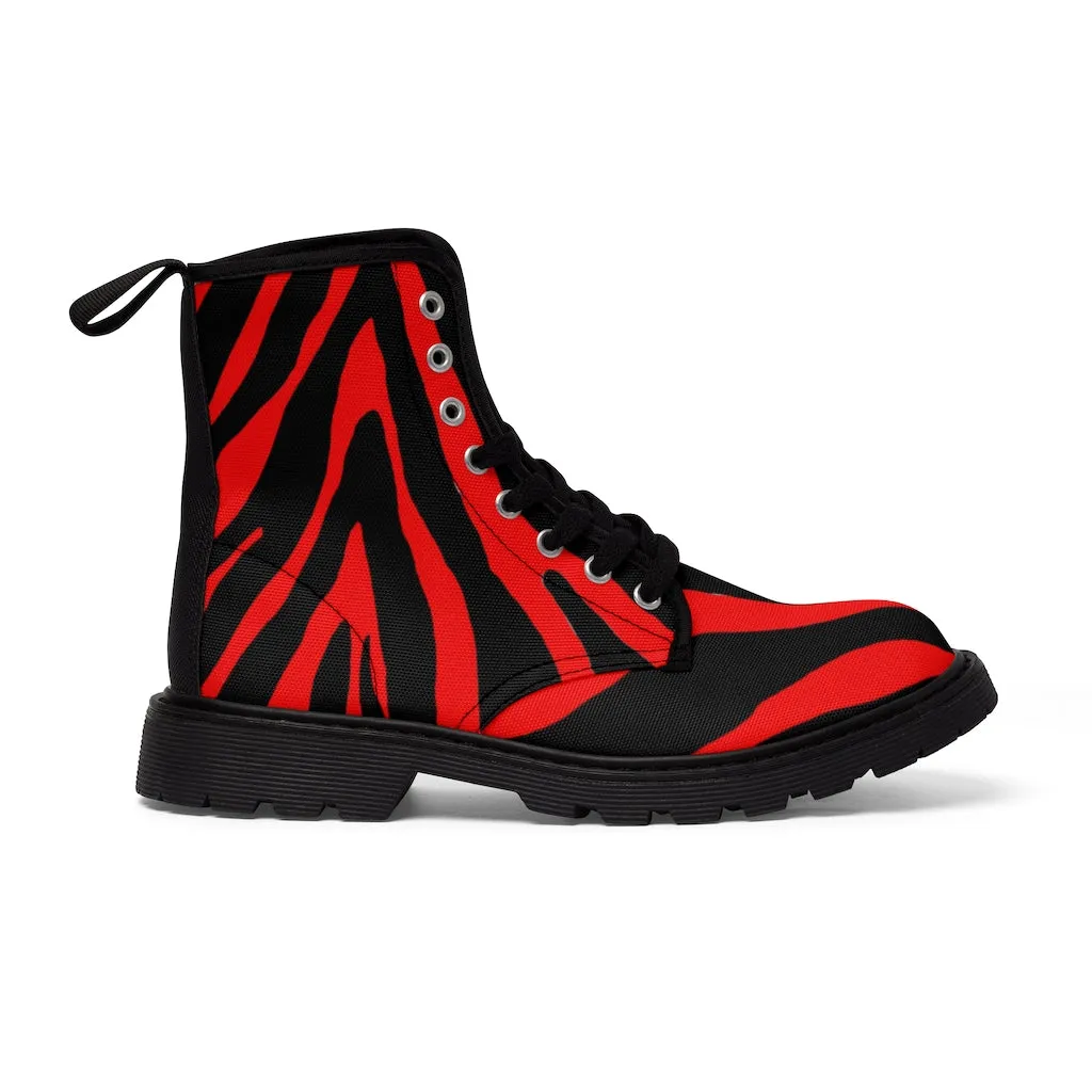 Red Zebra Women's Canvas Boots, Best Zebra Striped Animal Print Winter Boots For Ladies