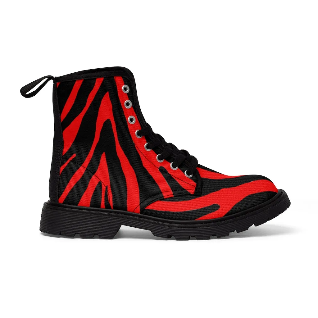 Red Zebra Women's Canvas Boots, Best Zebra Striped Animal Print Winter Boots For Ladies