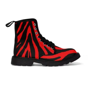 Red Zebra Women's Canvas Boots, Best Zebra Striped Animal Print Winter Boots For Ladies