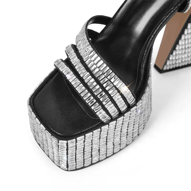 Rhinestone Platform Square Toe Chunky Heel Sandals