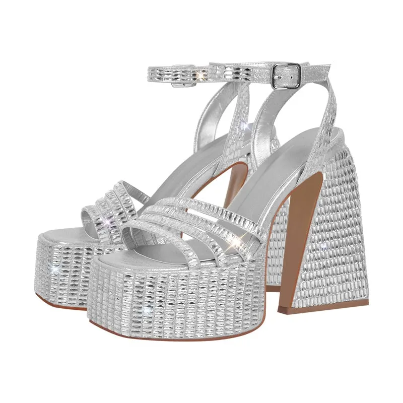 Rhinestone Platform Square Toe Chunky Heel Sandals