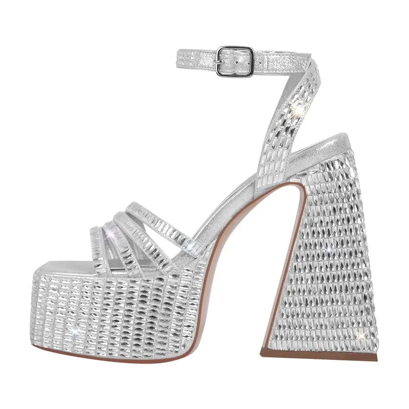 Rhinestone Platform Square Toe Chunky Heel Sandals