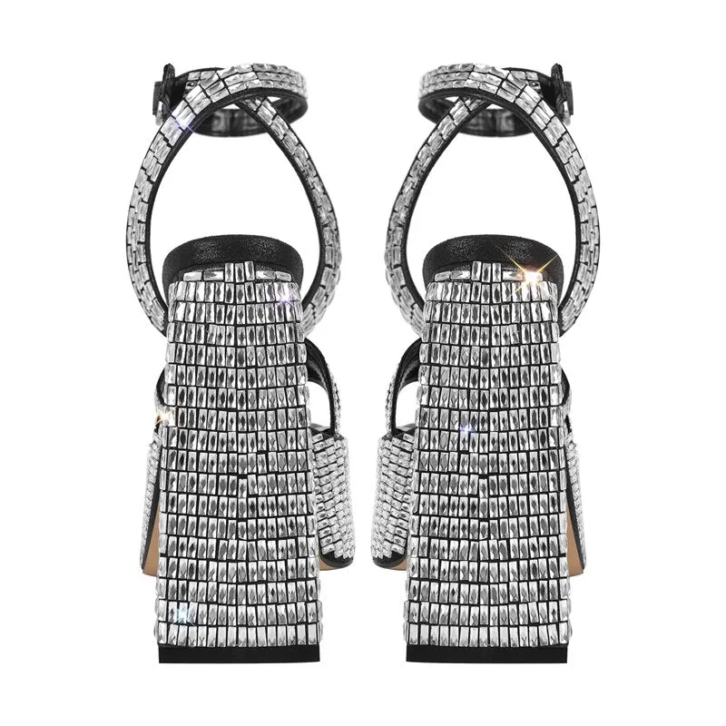 Rhinestone Platform Square Toe Chunky Heel Sandals