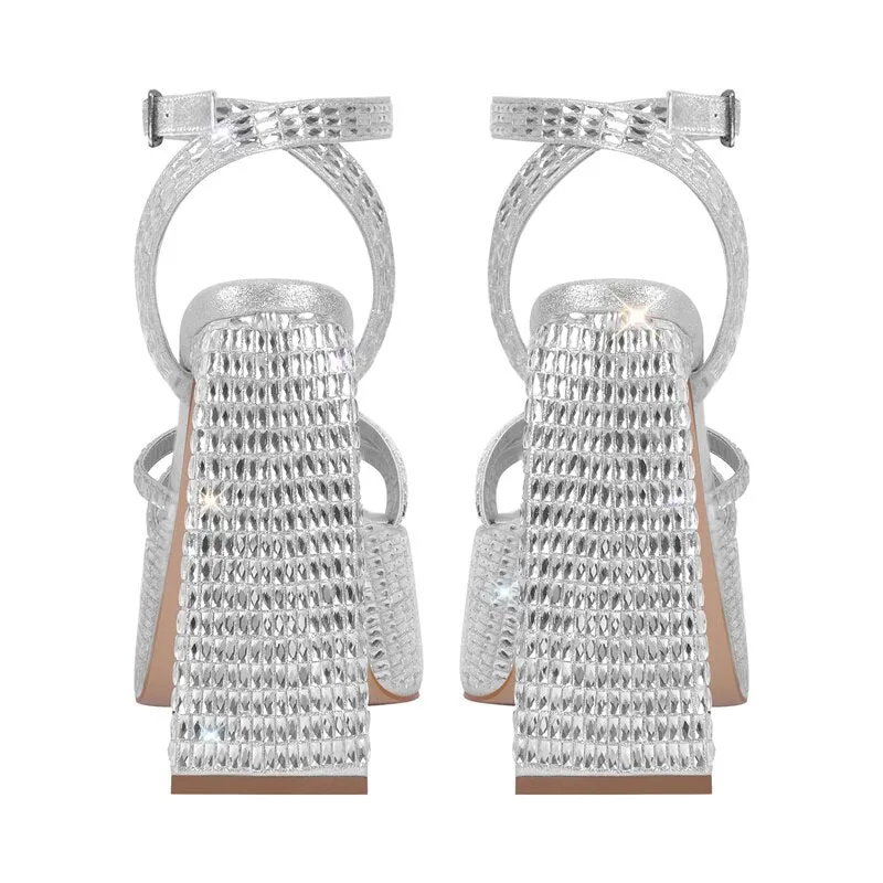 Rhinestone Platform Square Toe Chunky Heel Sandals