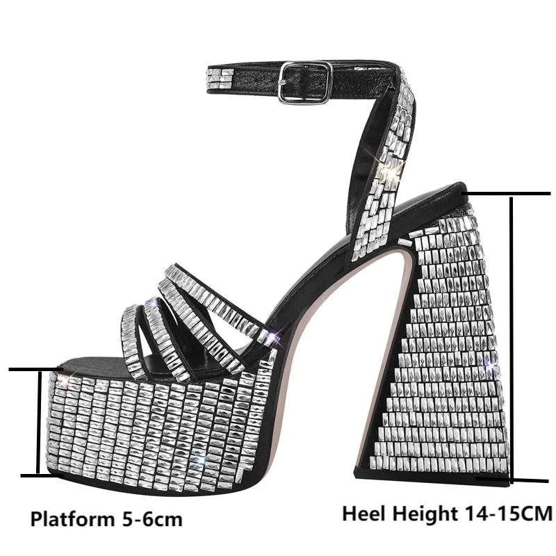 Rhinestone Platform Square Toe Chunky Heel Sandals