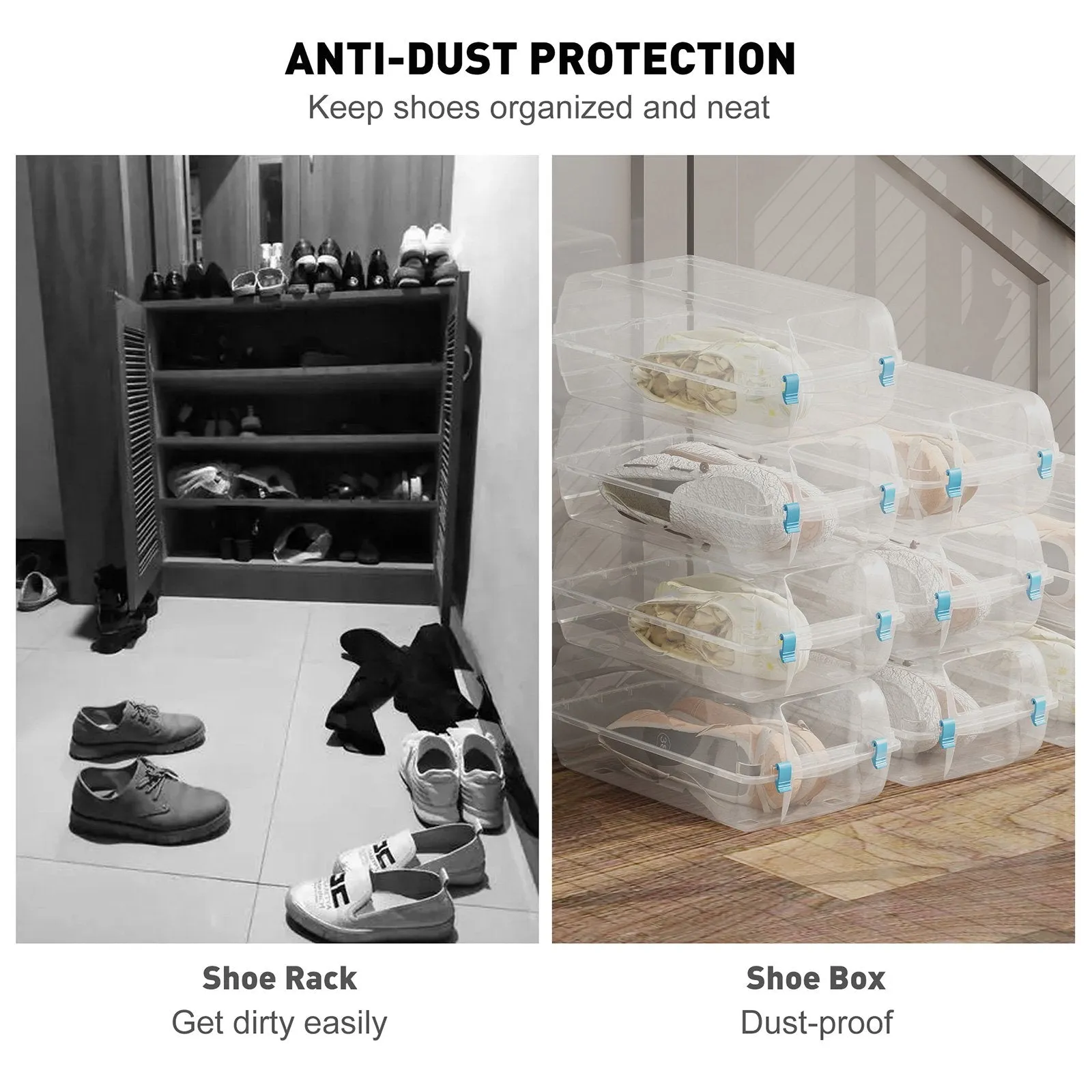 Set of 4 Shoe Storage Box Clear Plastic Stackable Shoe Organizer with Lids, Blue