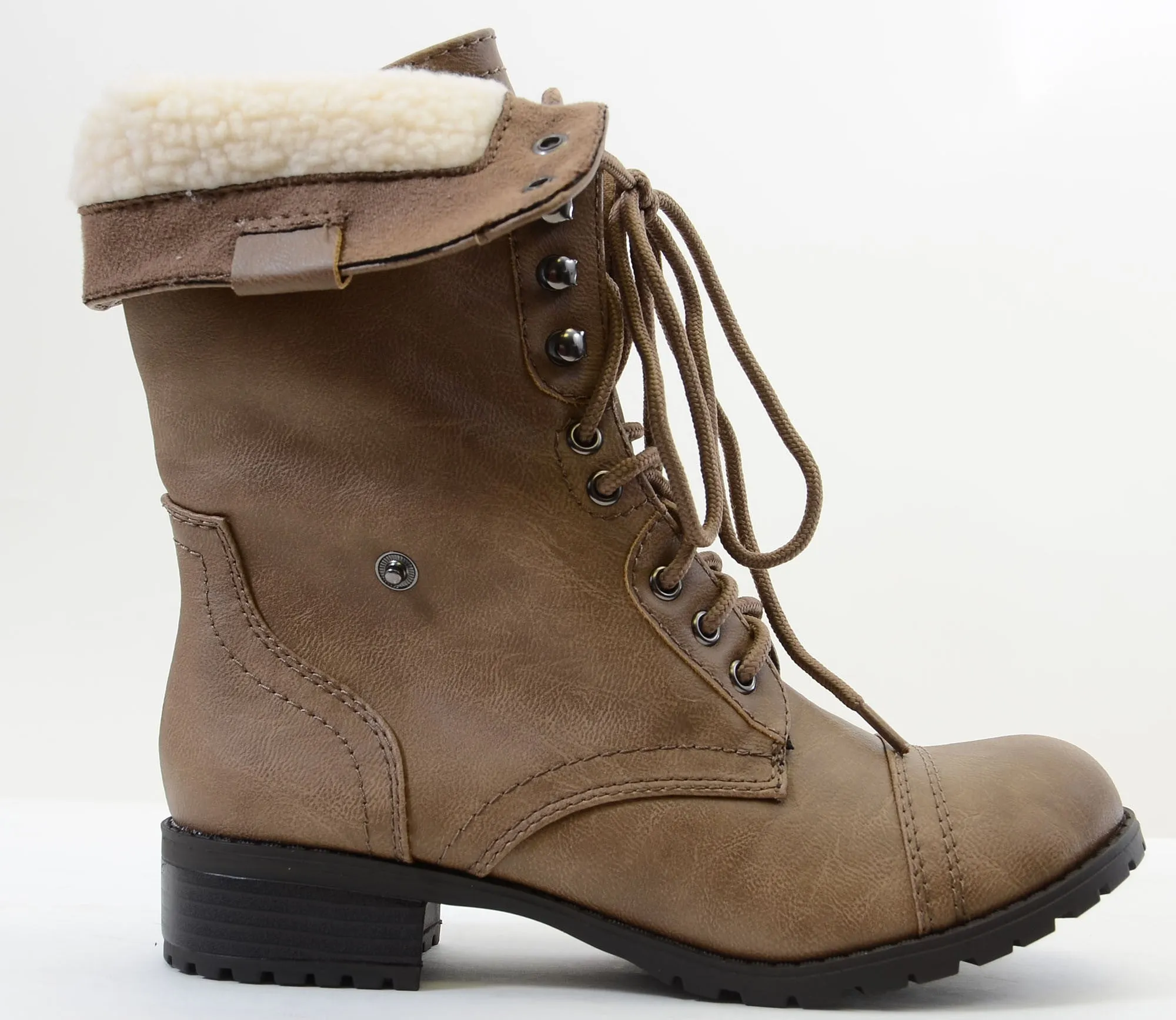 Shearling Fur Fold Over Combat Vegan Women's Boots