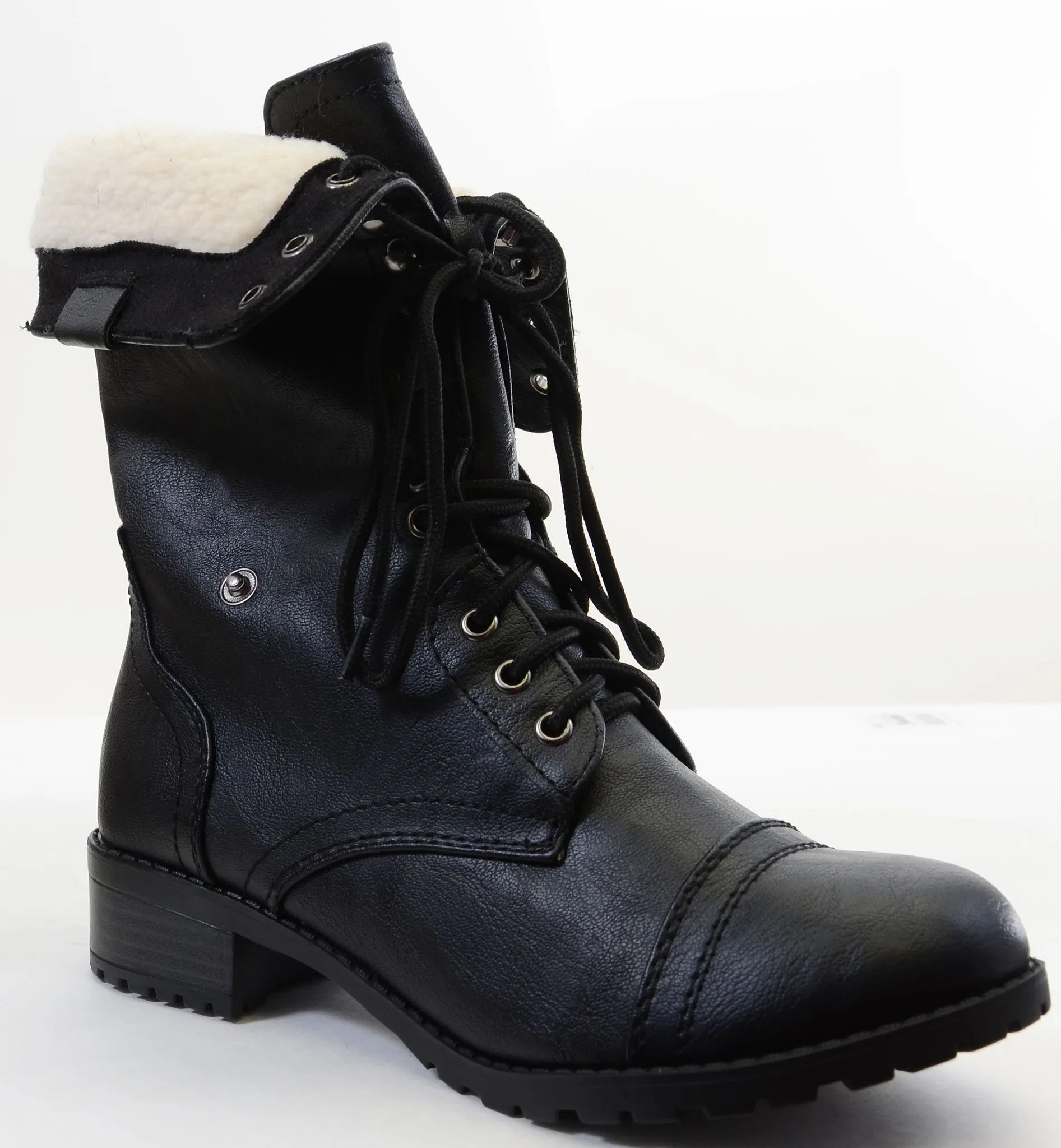 Shearling Fur Fold Over Combat Vegan Women's Boots