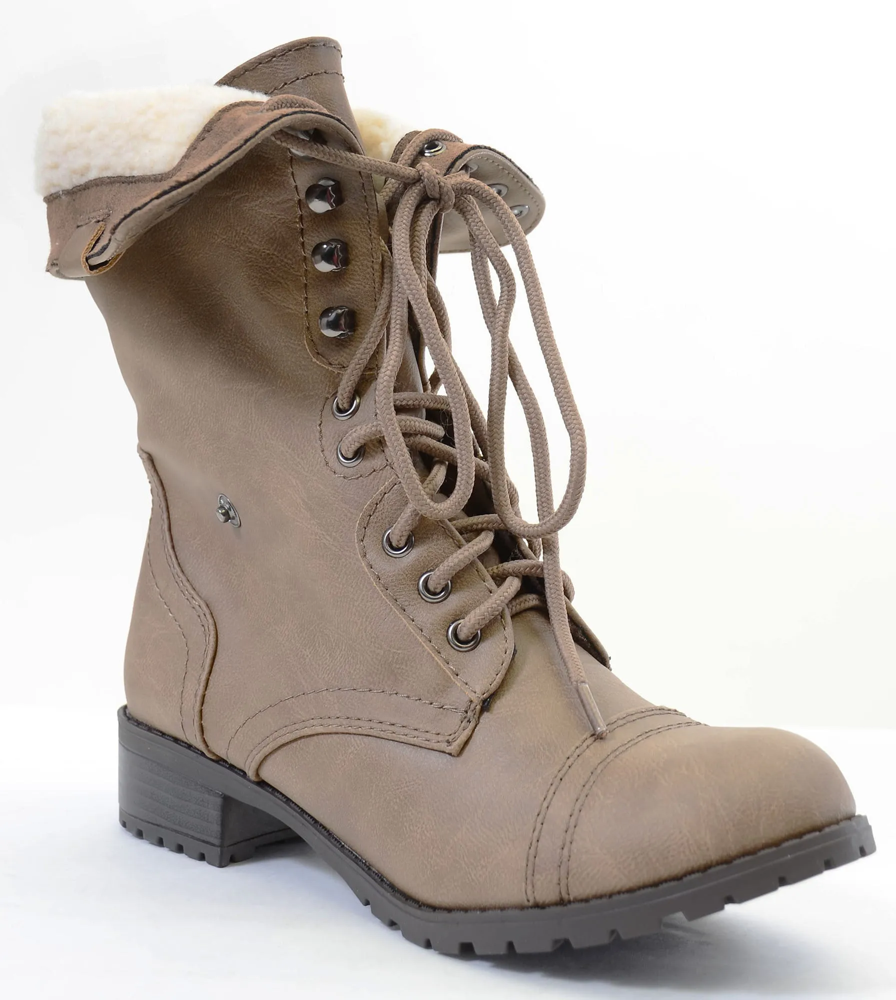 Shearling Fur Fold Over Combat Vegan Women's Boots