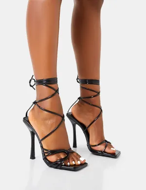 Solange Black Patent Lace Up Strappy Square Toe High Heels