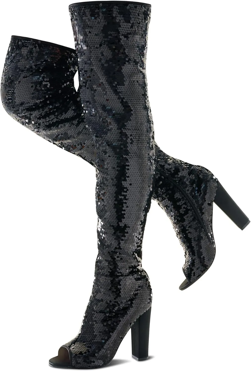 Sparkling Black Colorful Sequin Thigh High Over The Knee Boots