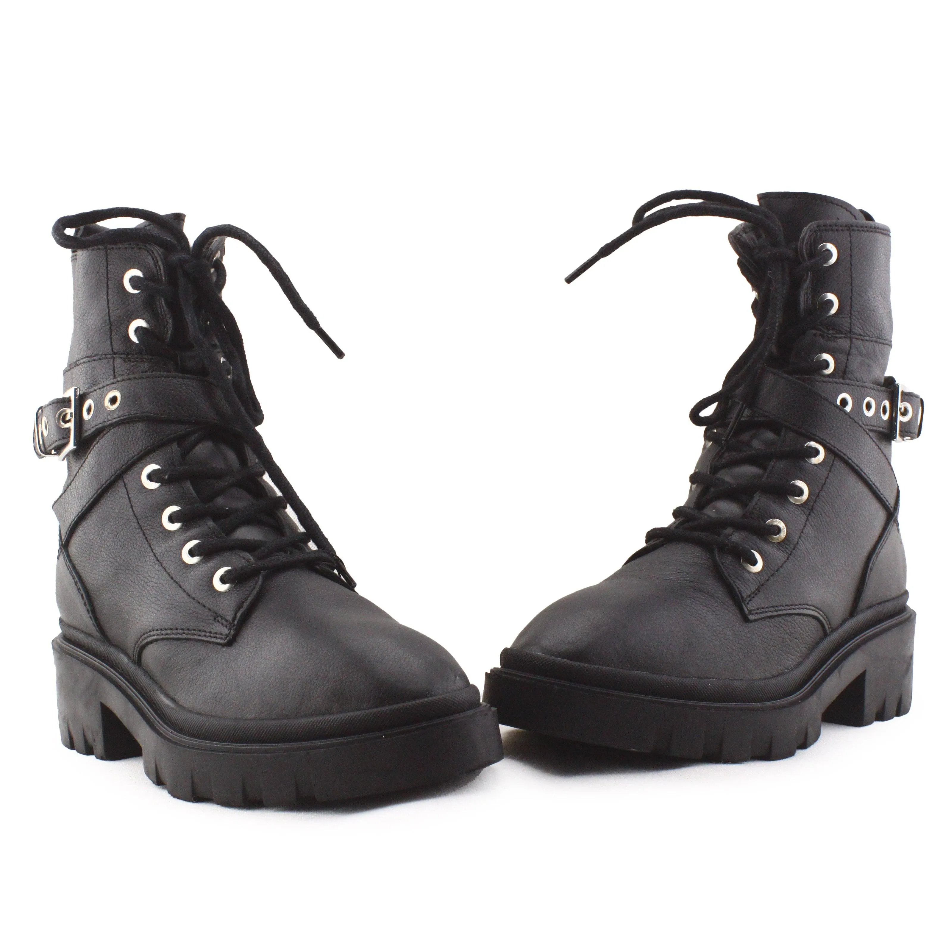 Stradivarius Buckle Straps Laces Combat Ankle Boots | 100% Authentic Leather