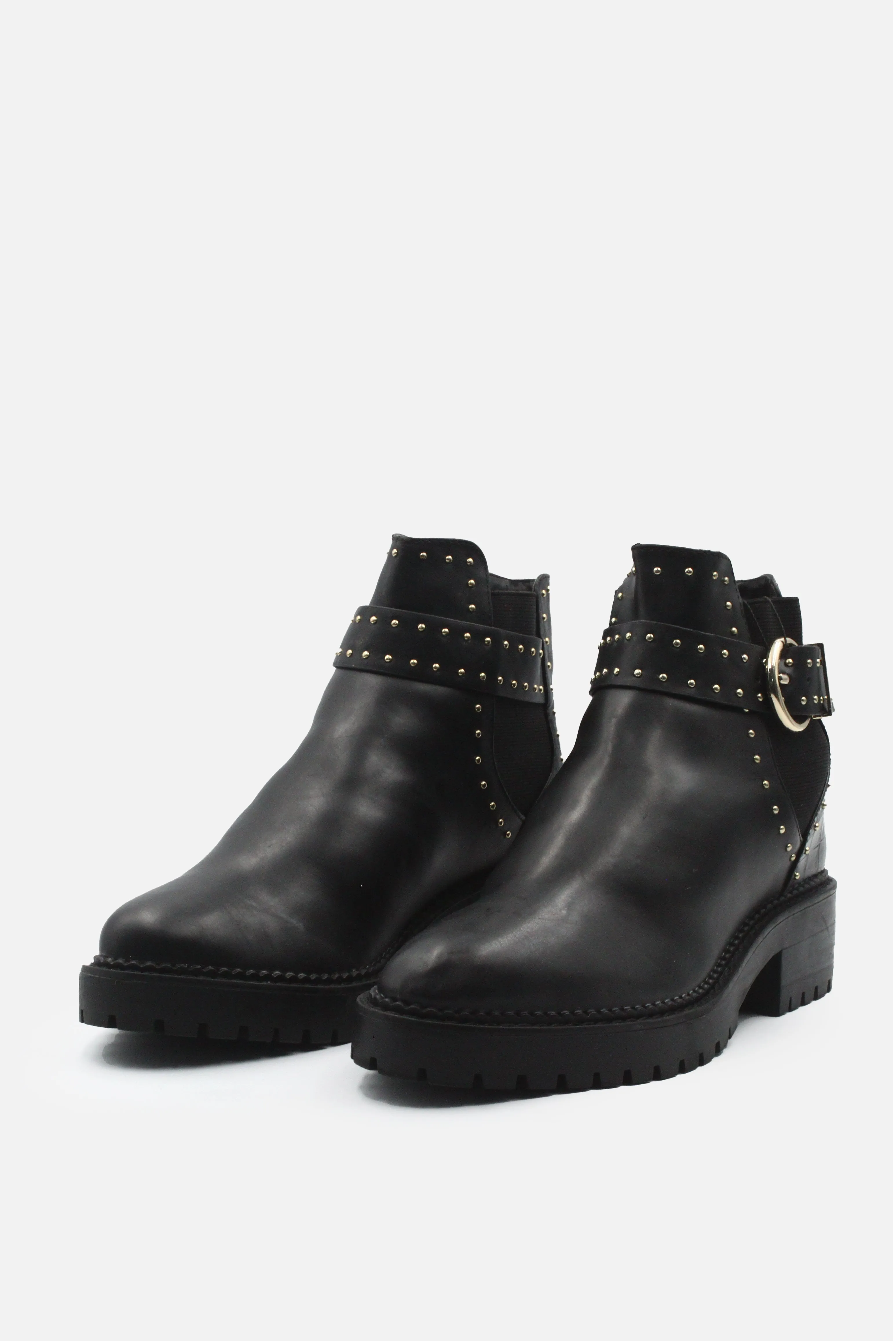 Stradivarius Studded Buckle Straps Block Ankle Boots | 100% Authentic leather