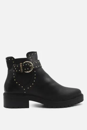 Stradivarius Studded Buckle Straps Block Ankle Boots | 100% Authentic leather