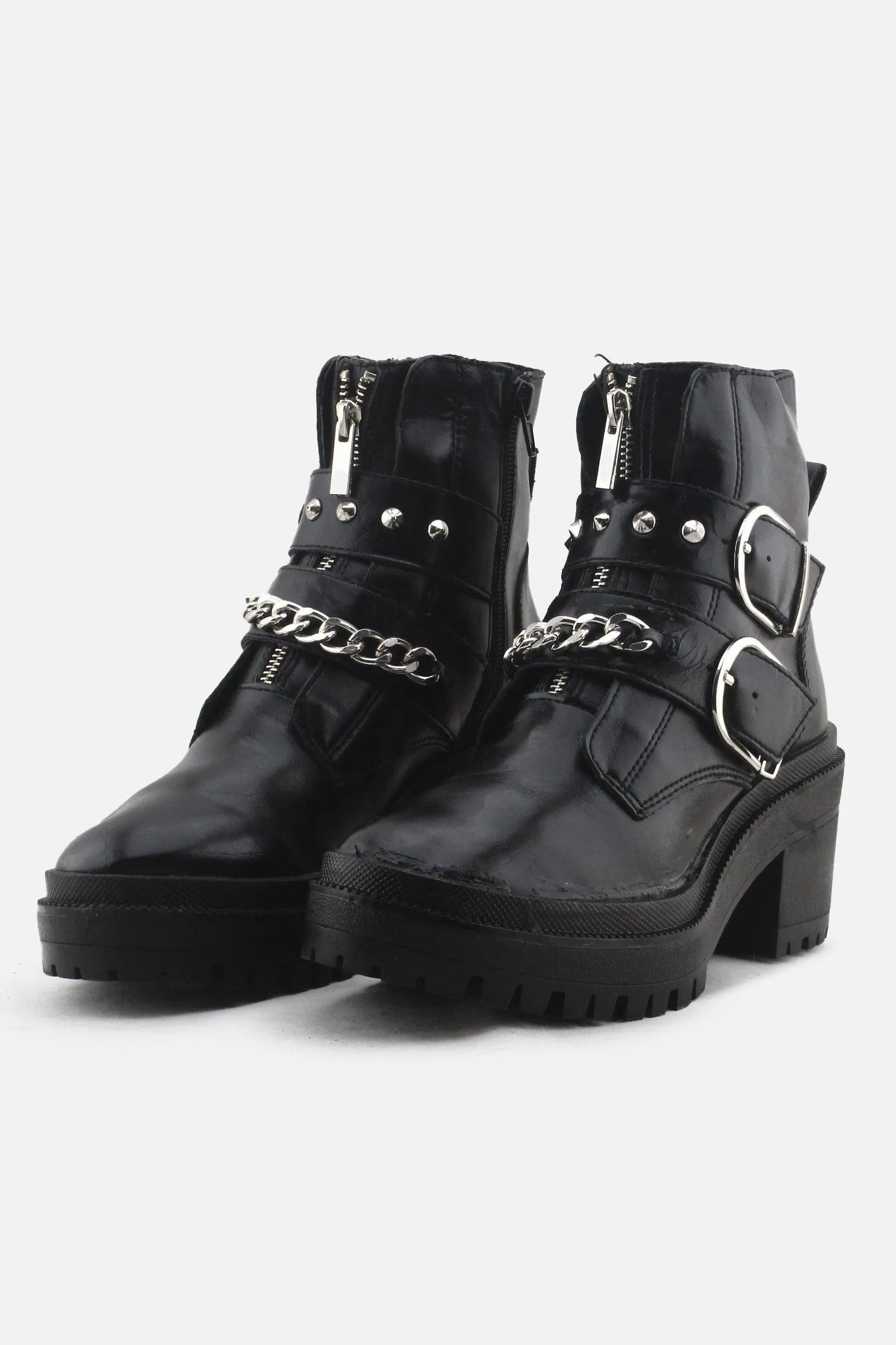 Stradivarius Zipper Chain Buckle Straps Block Heels Ankle Boots | 100% Synthetic Leather