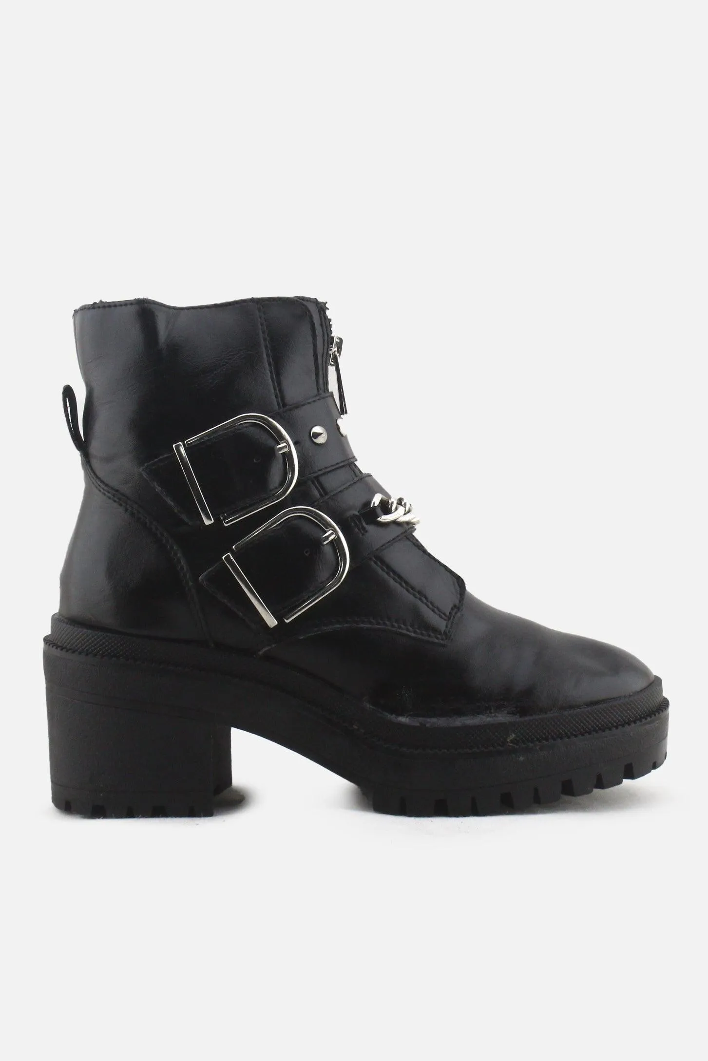 Stradivarius Zipper Chain Buckle Straps Block Heels Ankle Boots | 100% Synthetic Leather