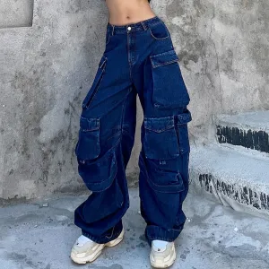 Street Style Panel Trim Patch Pocket Oversized Cargo Jeans - Blue