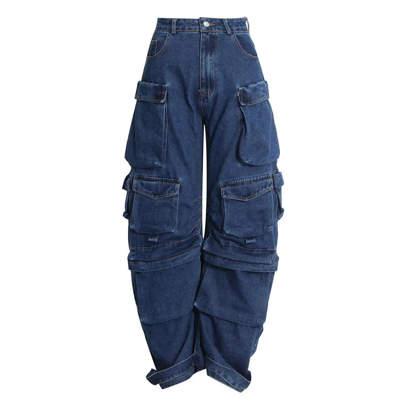 Street Style Panel Trim Patch Pocket Oversized Cargo Jeans - Blue