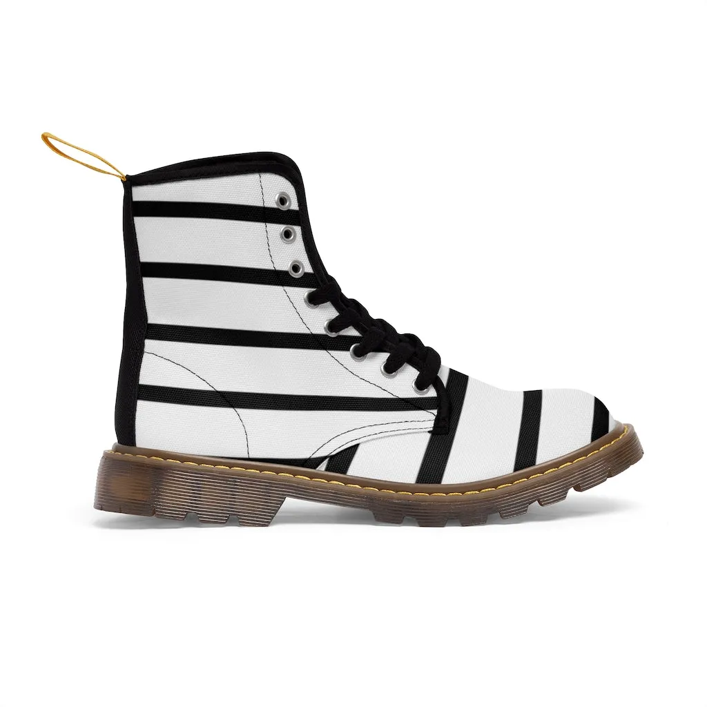 Striped Women's Canvas Boots, Modern White Black Stripes Print Winter Boots For Ladies