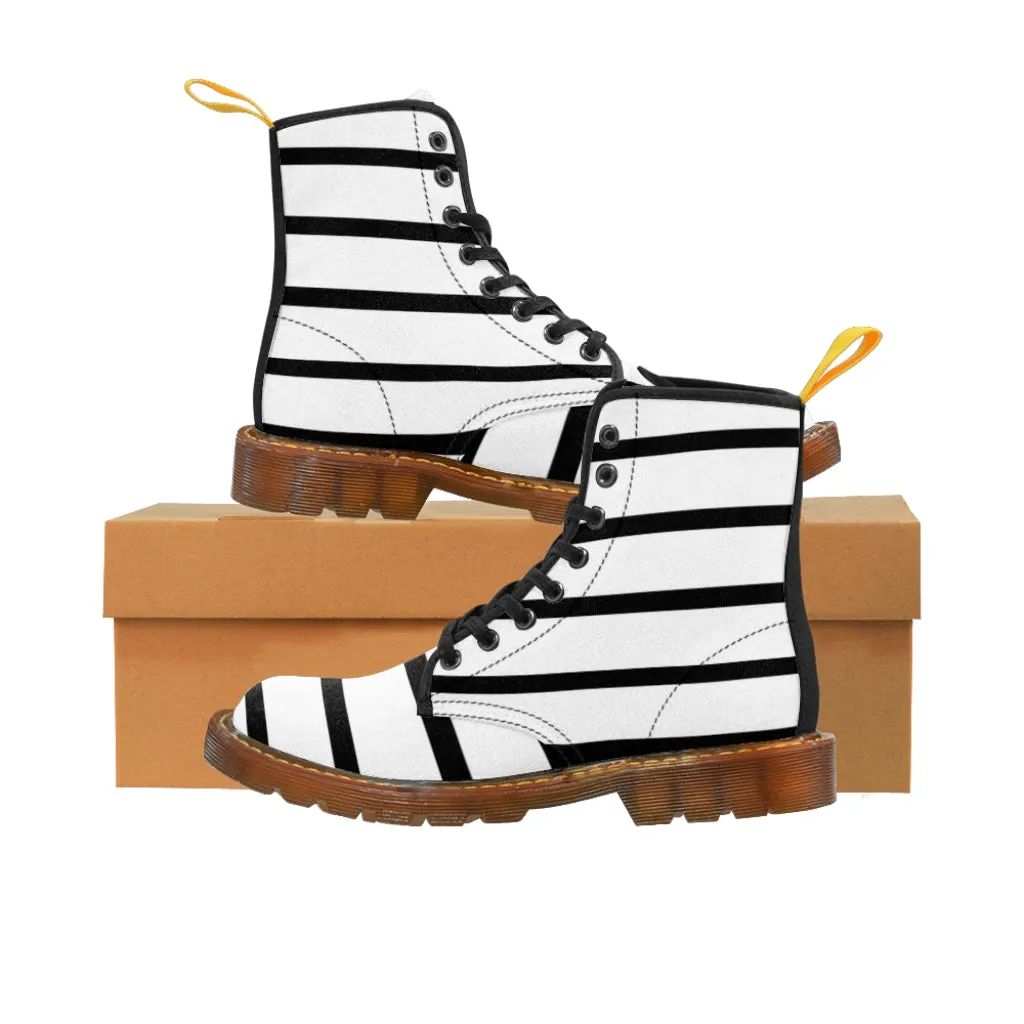 Striped Women's Canvas Boots, Modern White Black Stripes Print Winter Boots For Ladies