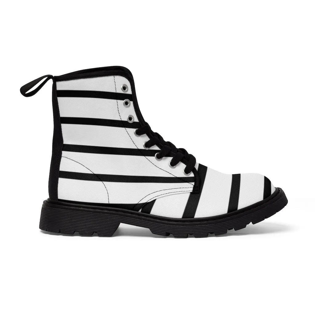 Striped Women's Canvas Boots, Modern White Black Stripes Print Winter Boots For Ladies