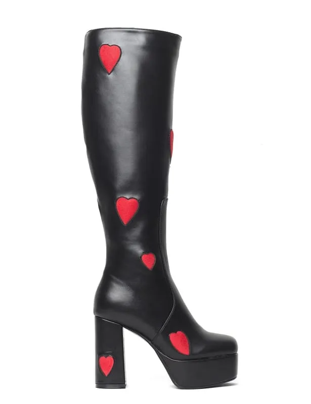 Sweetheart Knee High Platform Heel Boots with Pink Heart Decor