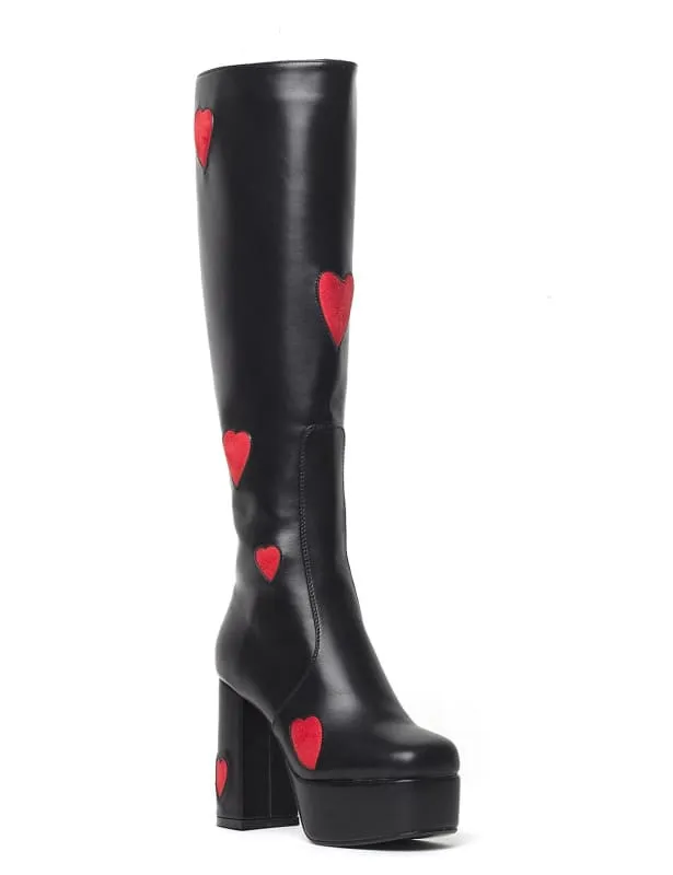 Sweetheart Knee High Platform Heel Boots with Pink Heart Decor