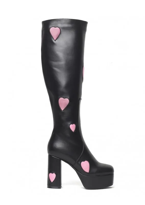 Sweetheart Knee High Platform Heel Boots with Pink Heart Decor