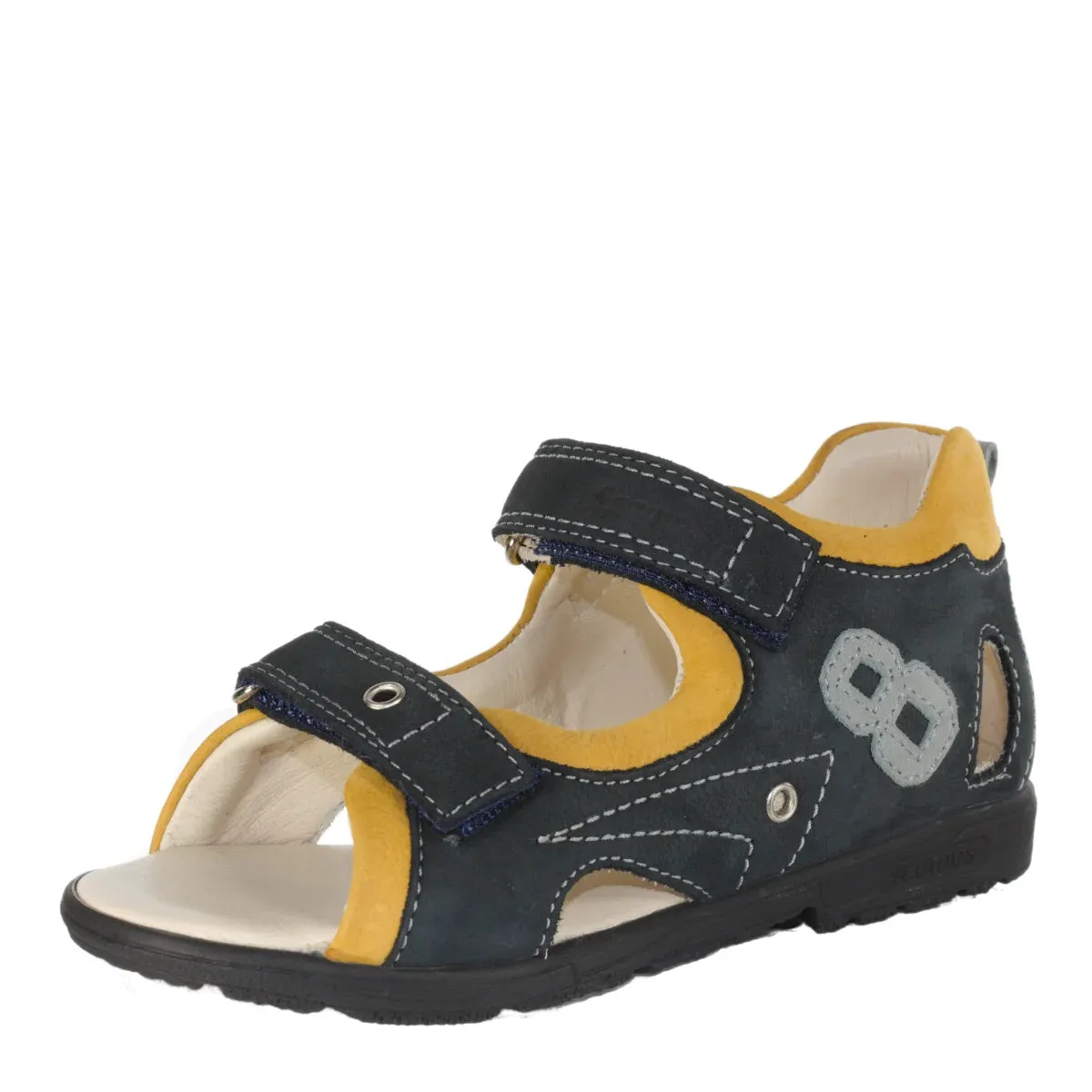 Szamos Kid Boy Supinated Sandals In Black And Yellow Color And Number Pattern With Double Velcro Strap - Made In Europe