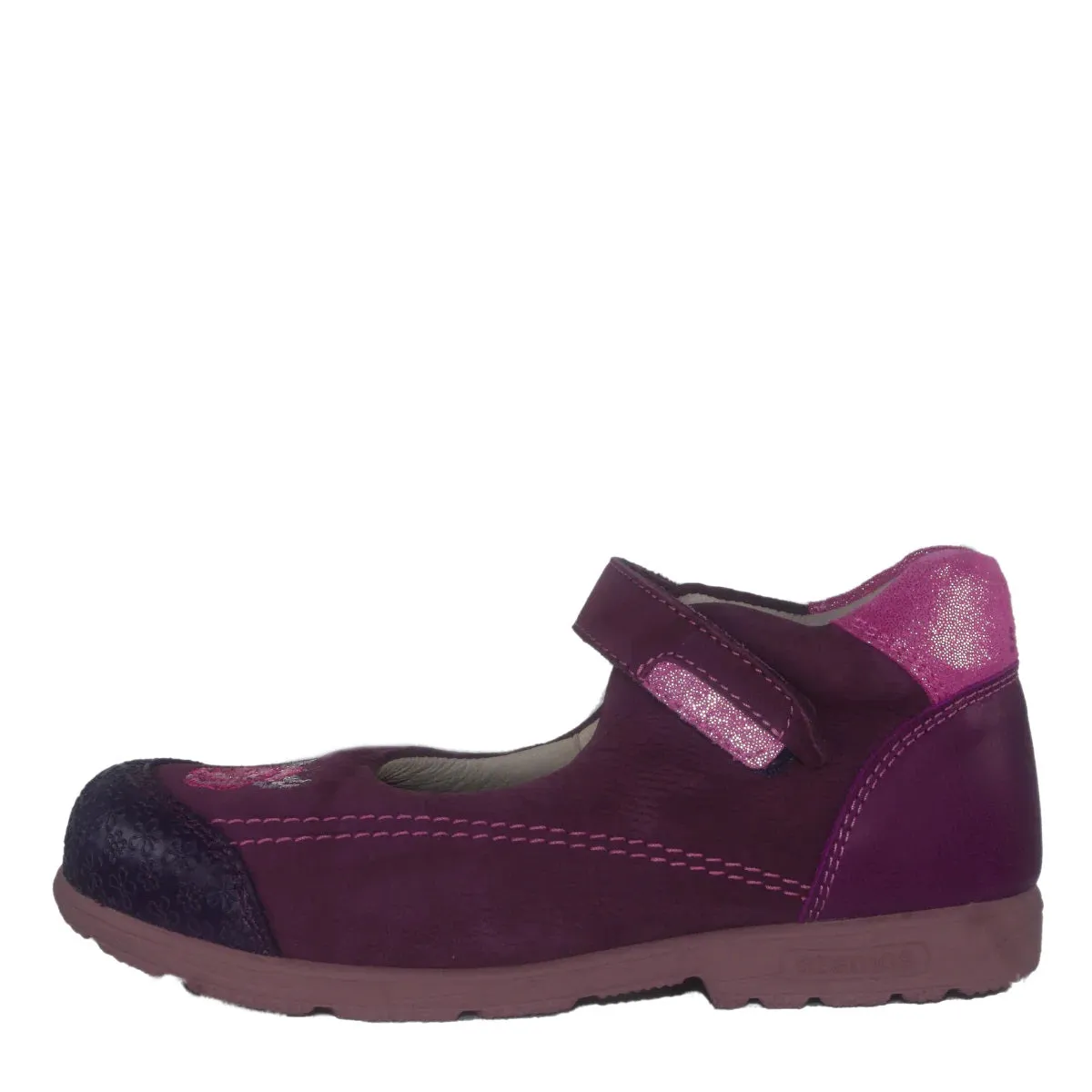 Szamos Kid Girl Supinated Dress Shoes In Burgundy Color And Pink Details With Velcro Strap - Made In Europe