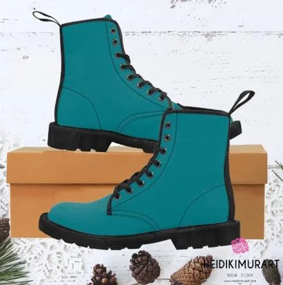 Teal Blue Women's Boots, Classic Solid Color Comfy Winter Lace-up Toe Cap Boots Shoes