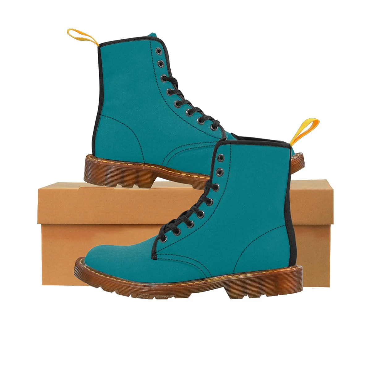 Teal Blue Women's Boots, Classic Solid Color Comfy Winter Lace-up Toe Cap Boots Shoes