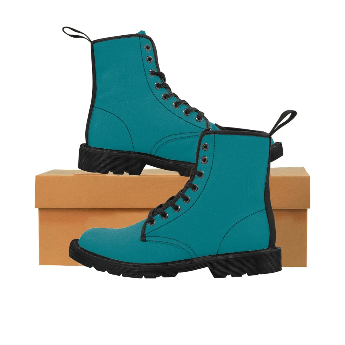 Teal Blue Women's Boots, Classic Solid Color Comfy Winter Lace-up Toe Cap Boots Shoes