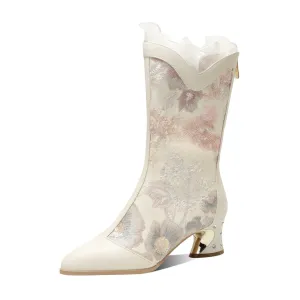 TinaCus Women's Genuine Leather Embroidery Flower Lace Handmade Chunky Heel Zip Up Mid-Calf Boots