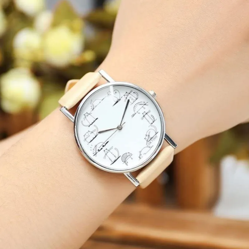 Top Plaza Fashion Women's Platinum Plated Mini Cat Glasses Analog Quartz Watch, PU Leather Strap Gold Tone