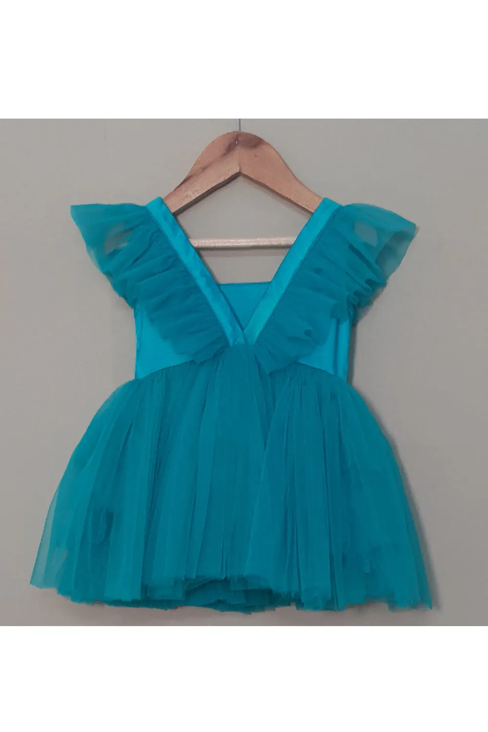 Turquoise Green Ruffle Net Dress With Detachable Trail