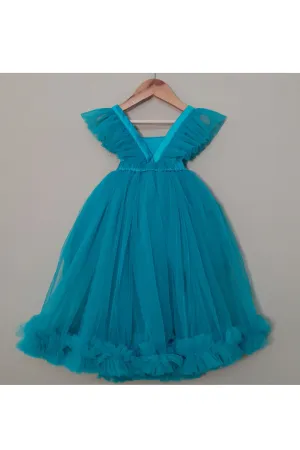 Turquoise Green Ruffle Net Dress With Detachable Trail