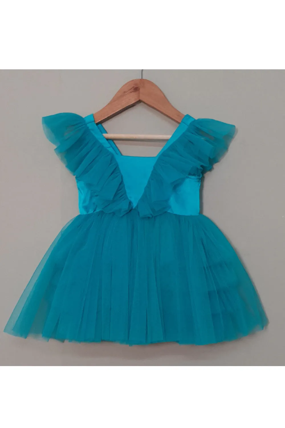 Turquoise Green Ruffle Net Dress With Detachable Trail