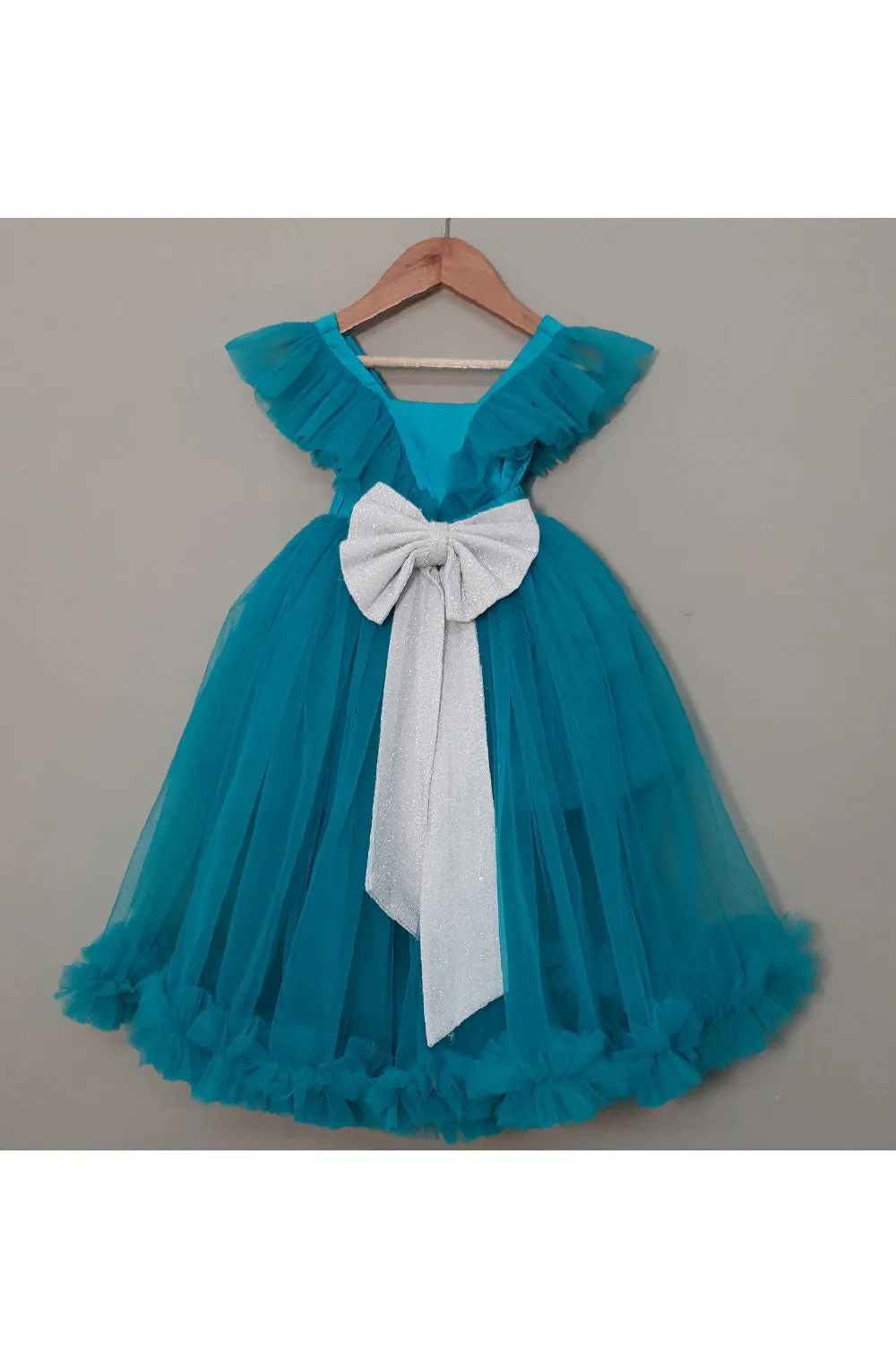 Turquoise Green Ruffle Net Dress With Detachable Trail