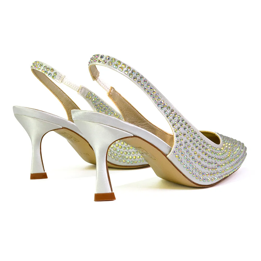 Vaia Pointed Toe Sling Back Diamante Bridal Heels Court Shoes in Ivory