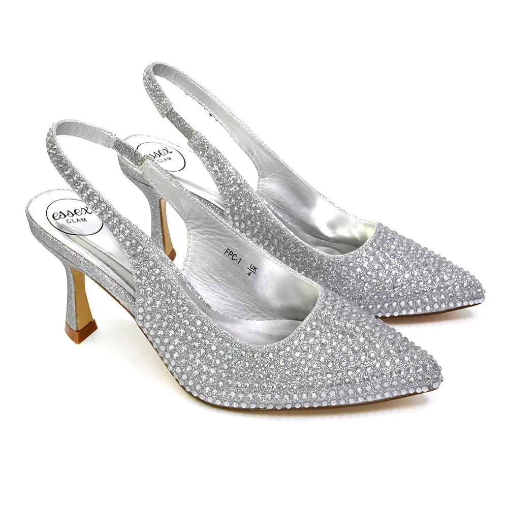 Vaia Pointed Toe Sling Back Diamante Bridal Heels Court Shoes in Ivory