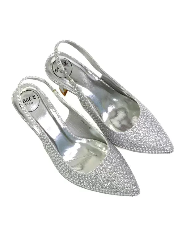 Vaia Pointed Toe Sling Back Diamante Bridal Heels Court Shoes in Ivory