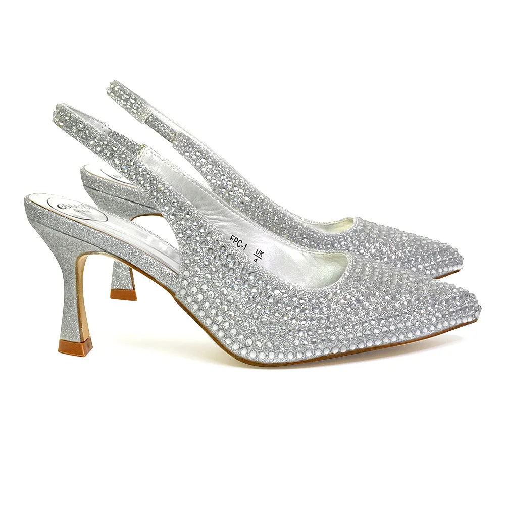 Vaia Pointed Toe Sling Back Diamante Bridal Heels Court Shoes in Ivory