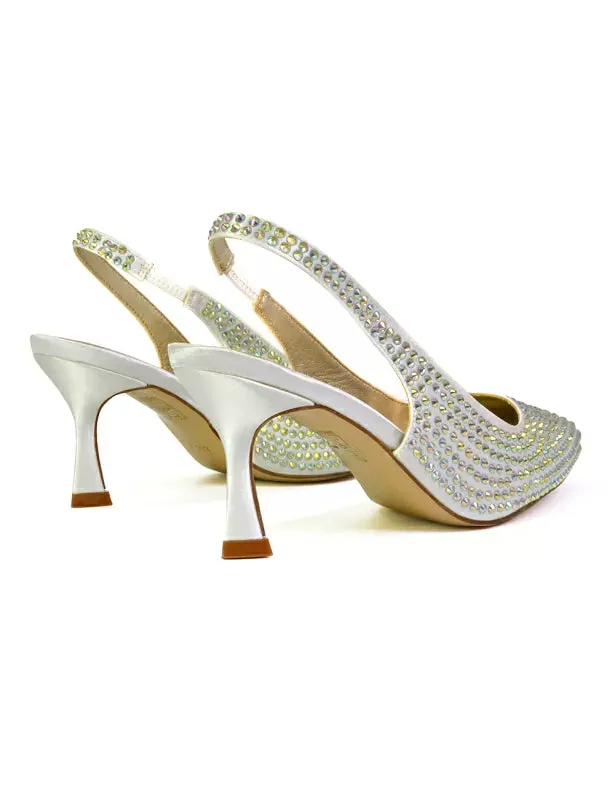 Vaia Pointed Toe Sling Back Diamante Bridal Heels Court Shoes in Ivory