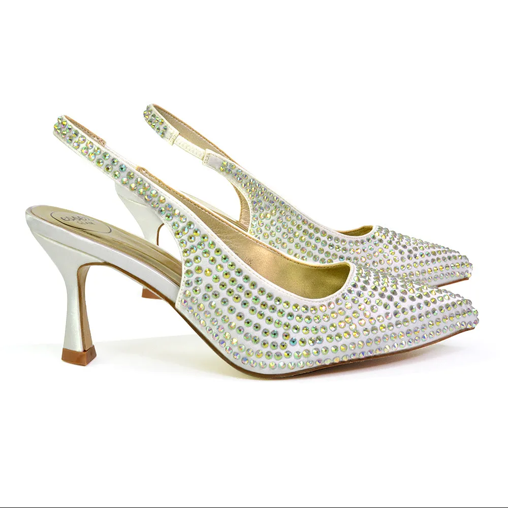 Vaia Pointed Toe Sling Back Diamante Bridal Heels Court Shoes in Ivory