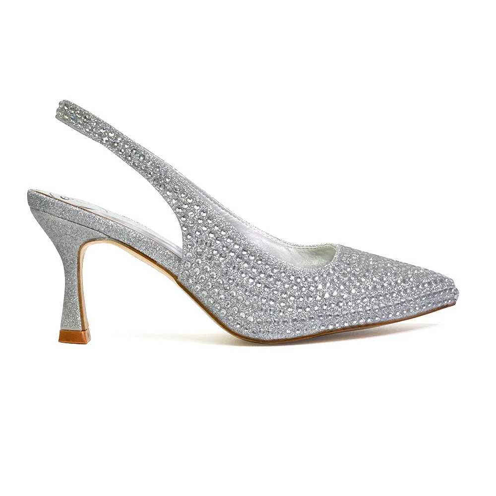 Vaia Pointed Toe Sling Back Diamante Bridal Heels Court Shoes in Ivory